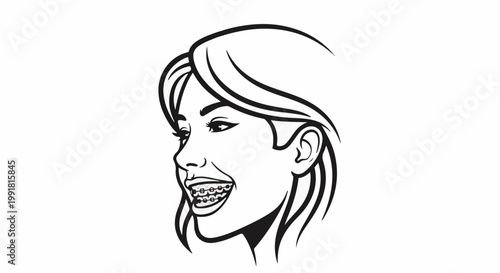 A stylized black and white illustration of a woman's head in profile, smiling with braces