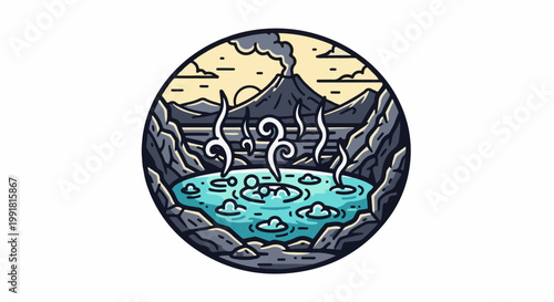 A steaming geothermal spring surrounded by rocky terrain with a volcanic mountain in the background under a hazy sky