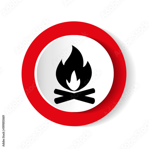 Fire symbol showing a flame with logs on a red background for campfire safety and fire warnings. Vector illustration.