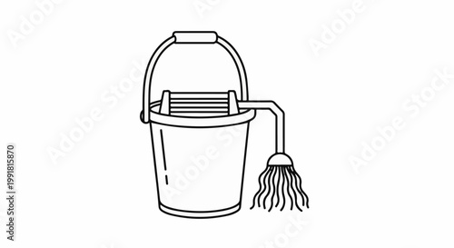 A simple line art drawing shows a bucket with a wringer and a mop