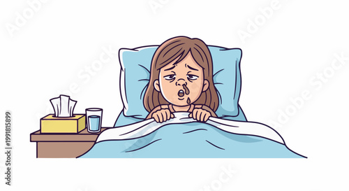 A sick person in bed with a runny nose, tissues, and a glass of water