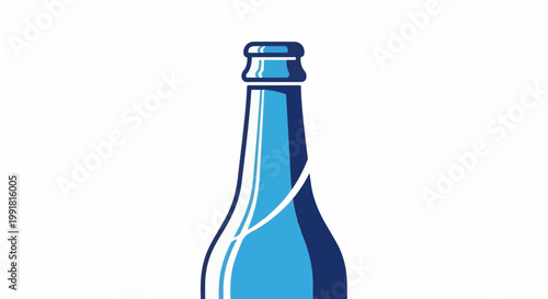 A stylized, blue glass bottle with a white cap, featuring a minimalist design