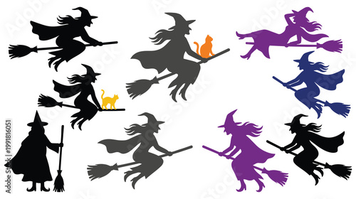 Halloween witches flying on broomsticks with cats silhouettes in various colors.