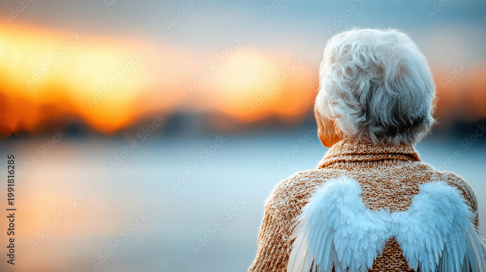 Fototapeta premium Elderly woman with angel wings gazes at a sunset by the water
