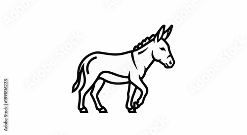 A simple line art illustration of a donkey walking to the right, depicted in profile against a white background