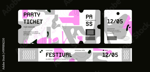 Control ticket bracelets for events, disco, festival, fan zone, party, staff with abstract organic natural background. Vector mockup of a festival bracelet in a futuristic style.