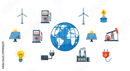 A detailed blue Earth globe is surrounded by various colorful icons representing renewable and non-renewable energy sources like wind turbines and oil rigs.