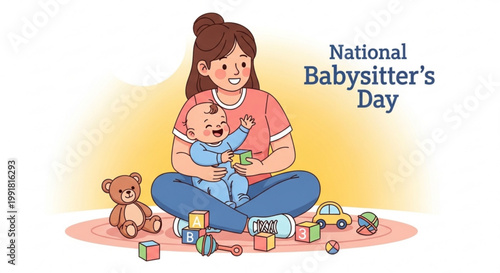 Happy babysitter in casual outfit holding infant while sitting surrounded by toys and teddy bear on warm yellow background