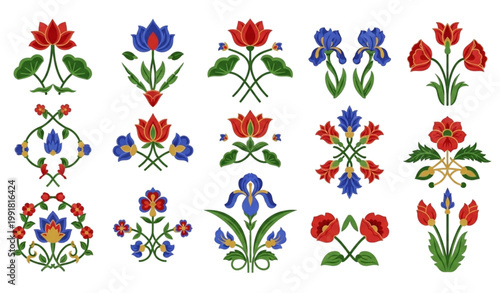 Mughal floral motif vector set ornamental pattern arabesque design