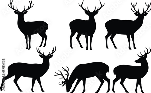 Professional set of black deer silhouettes with large antlers for outdoor nature and hunting concept vector