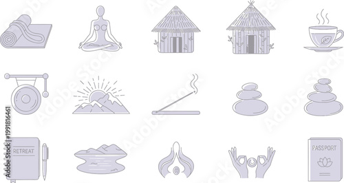 Yoga, wellness, and meditation icons, 15 elements, gray line art, vector set