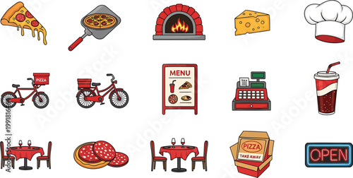 Food, restaurant, pizza icons, 16 vector graphics, menu, delivery, eatery elements