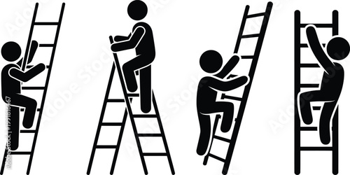 Illustrations of people using ladders in various incorrect ways