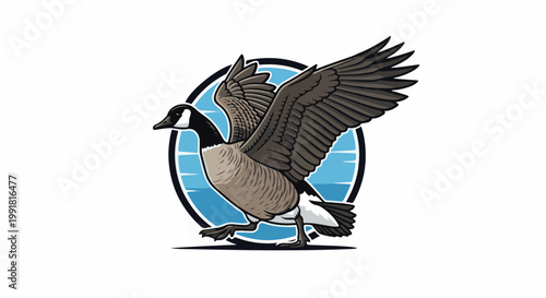 A stylized Canada goose with wings spread, depicted mid-stride in front of a blue circular background
