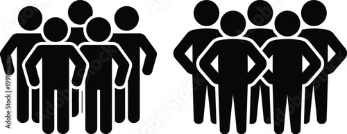 Two groups of diverse individuals standing closely together in contrasting postures