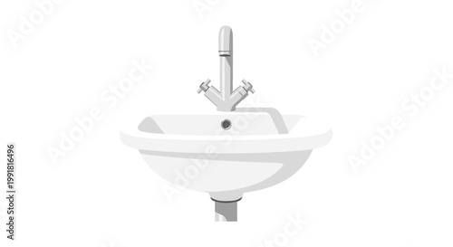 A clean white ceramic bathroom sink with a polished silver chrome faucet and two cross-shaped handles is depicted from a direct front-facing perspective.