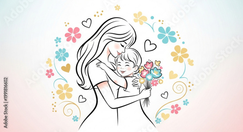 Mother tenderly embracing her daughter with love and happiness surrounded by colorful flowers hearts and vibrant swirls in a playful heartwarming illustration style