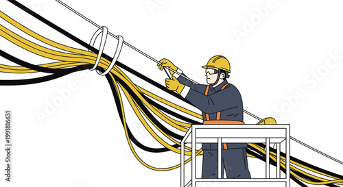 A professional utility worker wearing a yellow safety helmet and protective gloves works from a high lift platform to repair a complex bundle of cables.