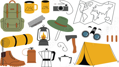 Professional set of colorful cartoon camping equipment icons with tent backpack and lantern for outdoor adventure vector