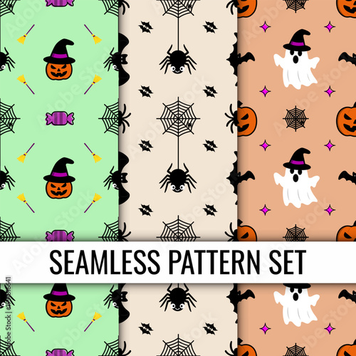 Halloween Seamless Pattern Set Featuring Pumpkins Ghosts Spiders and Candy.