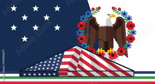 Patriotic eagle with wreath and stars on folded flag symbolizing honor and pride in military or national ceremonies