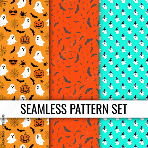 Halloween Seamless Pattern Set with Ghosts Pumpkins Bats.
