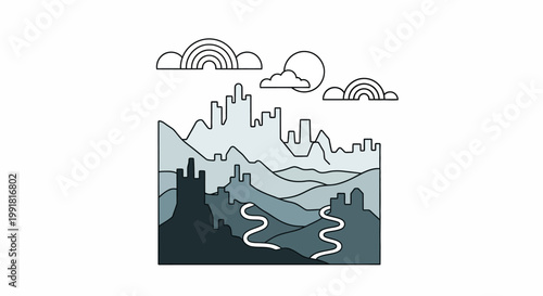 City skyline with mountains and river.