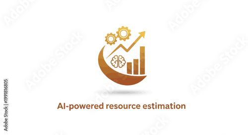 Artificial intelligence-powered resource estimation graphic with upward trend and gears.