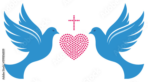 Two blue doves flying with pink heart and religious cross silhouette.