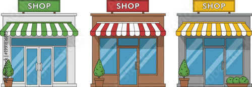 Colorful shop storefront set with awnings retail store building vector illustration