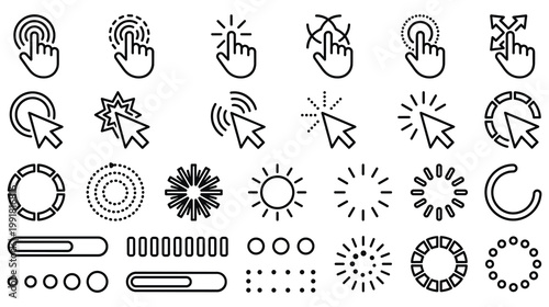 Collection of cursor icons hand pointers loading spinners and progress bars.