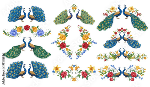 Peacock border vector pattern frame ornamental floral design illustration