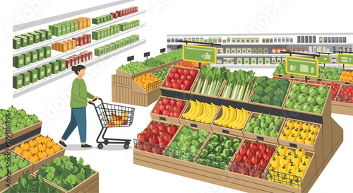 A female shopper in a green sweater pushes a metal grocery cart through a vibrant supermarket aisle filled with neatly stacked crates of fresh produce.
