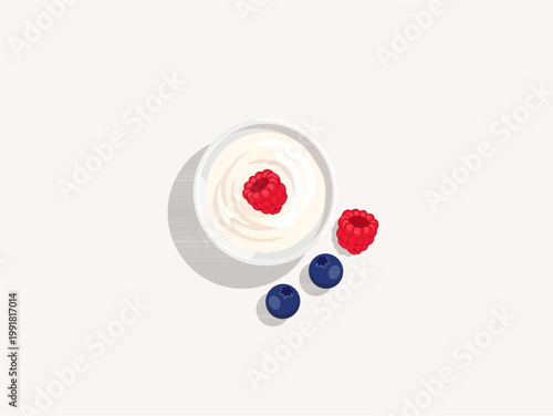 Minimalist top view of white yogurt bowl with single raspberry and blueberries on the side