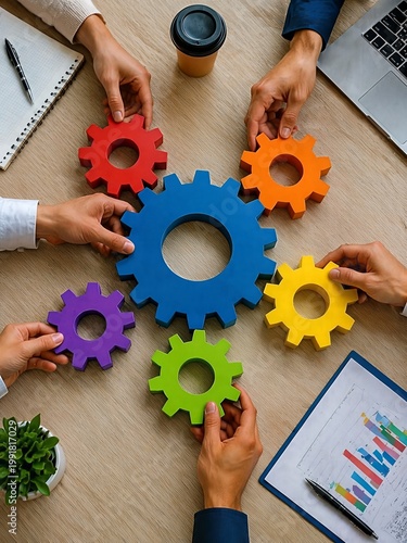 Hands arranging colorful gears on a table, symbolizing teamwork, unity, and collaboration in a work setting.