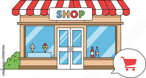 Cute shop storefront with shopping cart icon retail store facade vector illustration