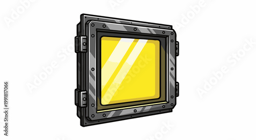 A strong, square window with a metallic frame and a bright yellow glass