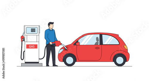 A focused man in a blue button-down shirt carefully refills a vibrant red hatchback car with fuel at a modern white gas station pump on white ground.