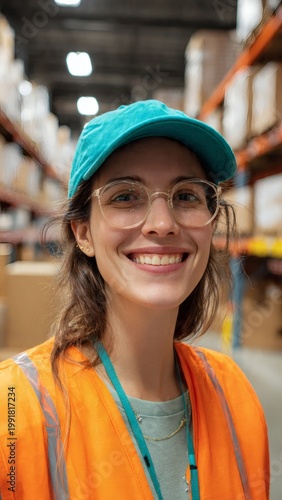 Happy female warehouse worker smiling wearing safety vest and cap