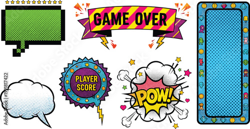 Retro Arcade Game UI Elements Set with Game Over Banner Score Badge Speech Bubbles and Comic Pop Art Effects Vector Illustration