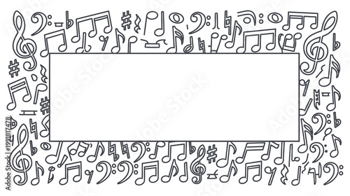 Decorative music frame with doodle style notes and blank white space.