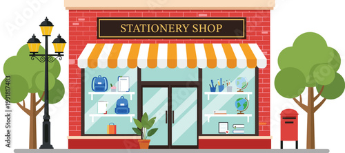Stationery shop storefront with school supplies display and striped awning retail cartoon vector illustration