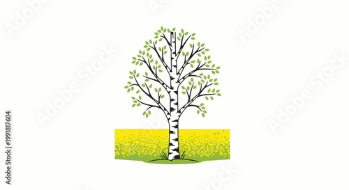 A stylized birch tree with green leaves stands tall in a field of yellow flowers