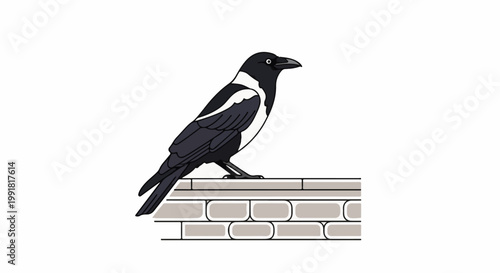 A stylized black and white bird stands on a brick ledge