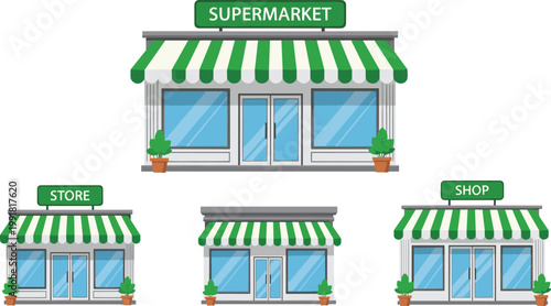 Supermarket and shop storefront set with green awnings retail buildings cartoon vector illustration
