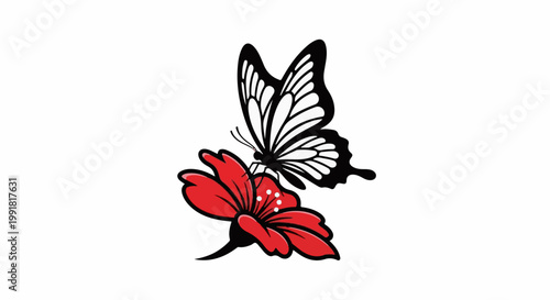 A stylized black and white butterfly rests on a vibrant red flower, set against a white background