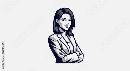 A stylized, black and white cartoon portrait of a confident woman in a suit