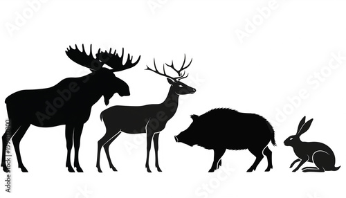 black silhouettes of moose deer boar and rabbit