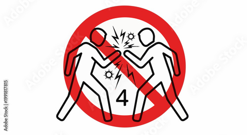 A stark red circle with a diagonal line crosses two stylized figures clashing