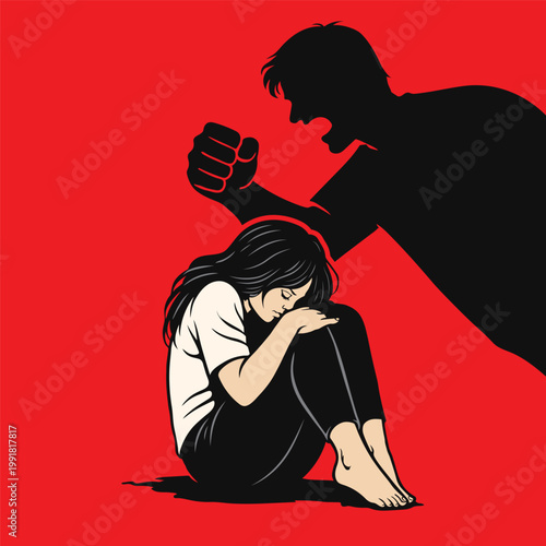 Violence concept illustration, scared woman under aggressive male shadow, abuse awareness vector